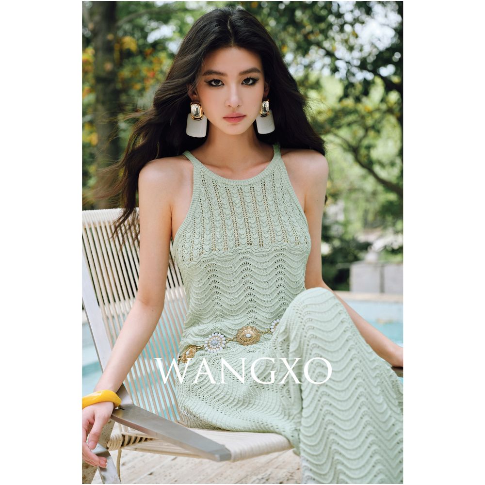WANGXO 24 count Ice Linen Cool to the Touch Embossed Crochet Hollow out Wavy Striped Camisole Skirt image 1