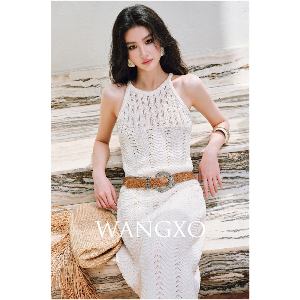 WANGXO 24 count Ice Linen Cool to the Touch Embossed Crochet Hollow out Wavy Striped Camisole Skirt image 2