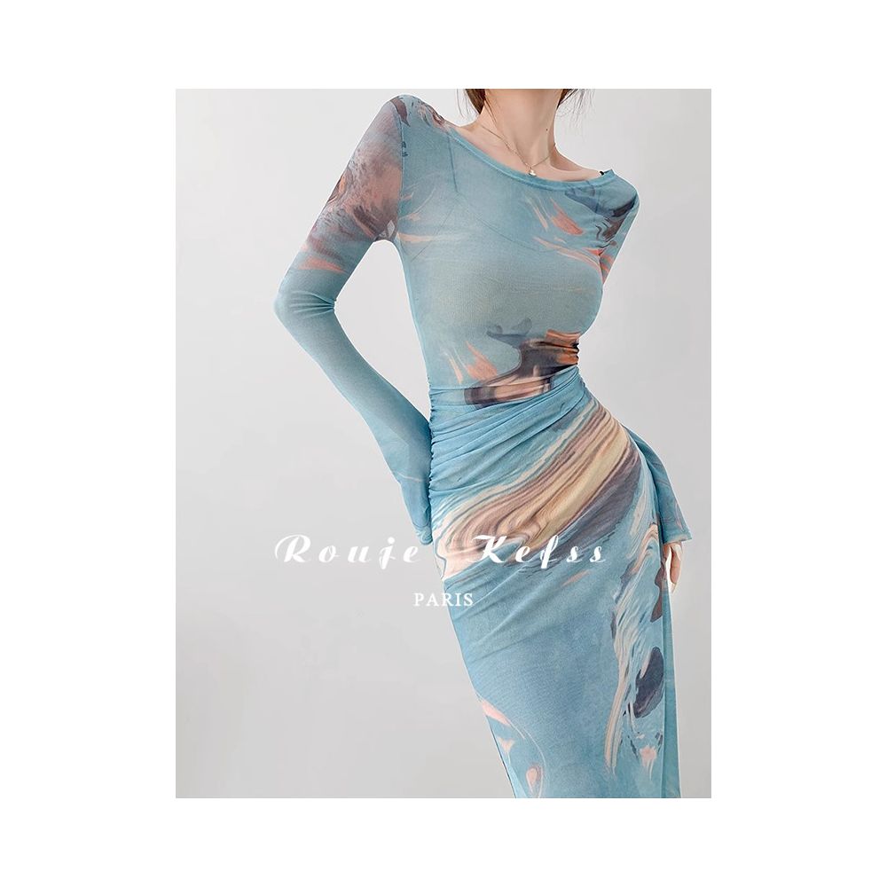 Rouje Kefss French style mesh tie dye dress for women spring and autumn sexy suspender two piece set with side slit long skirt image 0