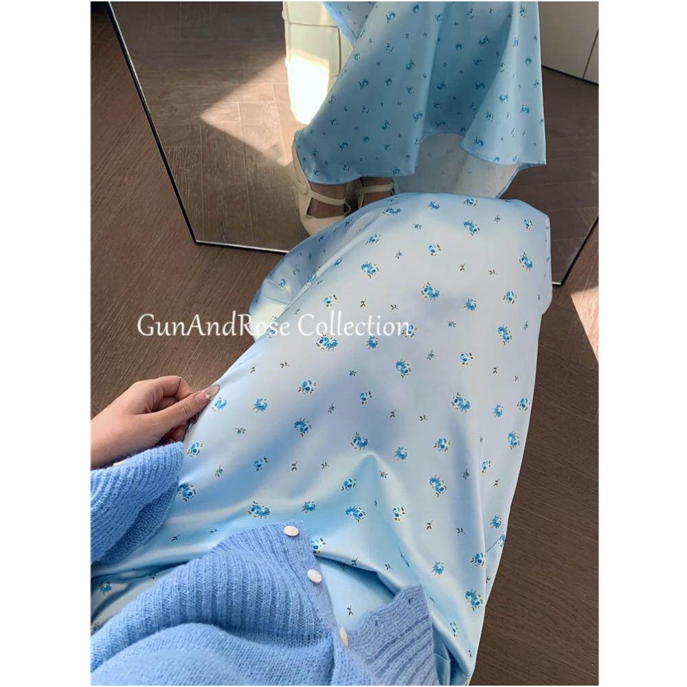 GunAndRose South French Instagram blogger realism style small floral long skirt satin half skirt niche retro image 0