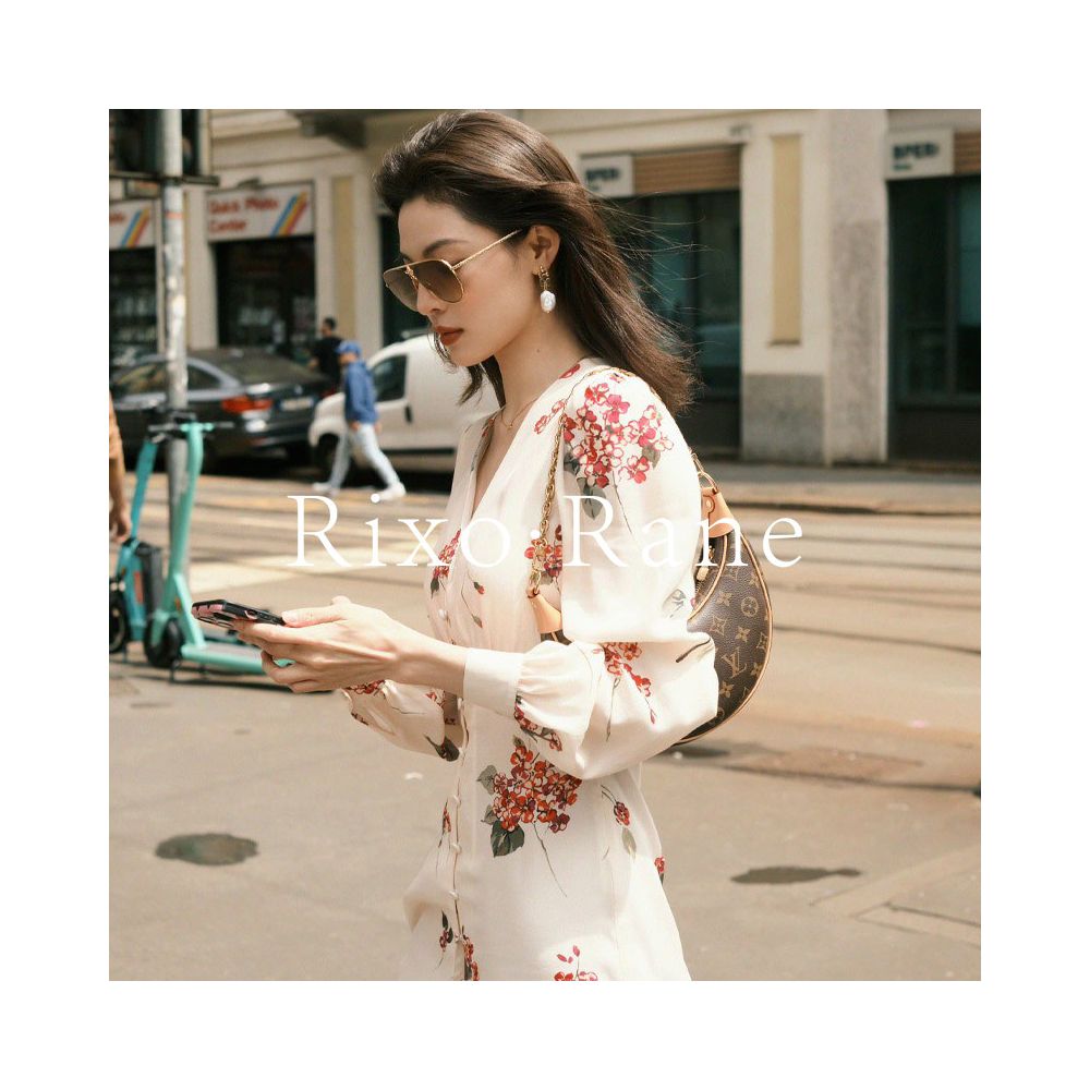 French Rixo Rane Zhong Chuxi s French floral dress women s long sleeved V neck waist cinching slimming mid length skirt image 1