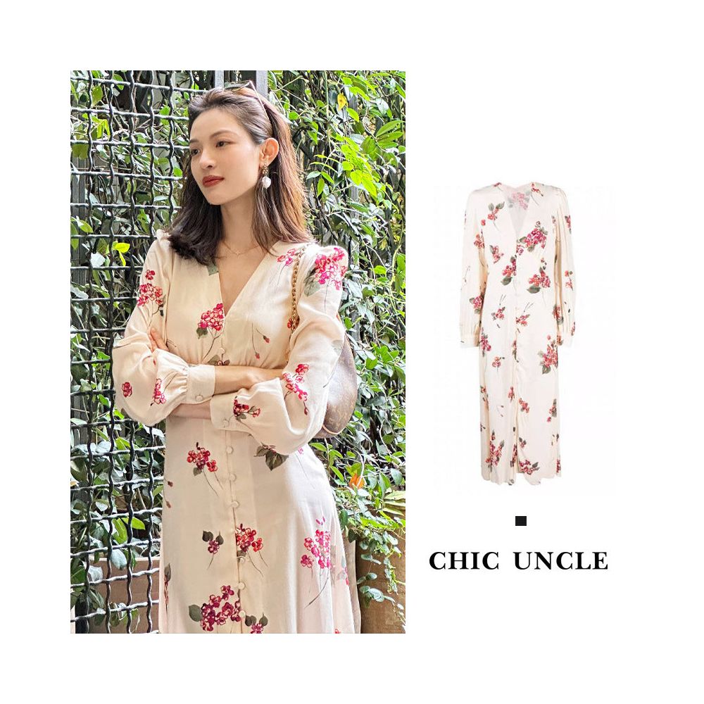 French Rixo Rane Zhong Chuxi s French floral dress women s long sleeved V neck waist cinching slimming mid length skirt image 3