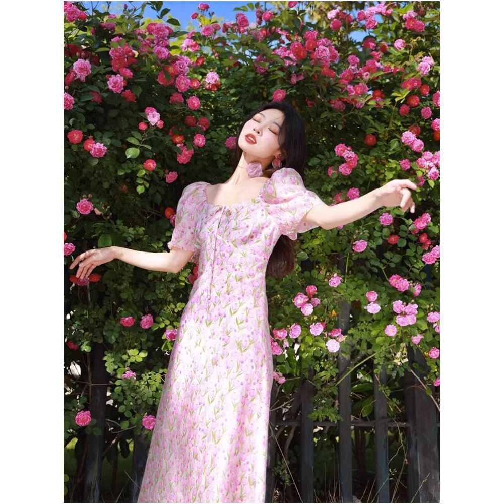 French Rixo Rane releases romantic French retro square neck floral dress for women s summer waist cinching stunning long skirt image 3