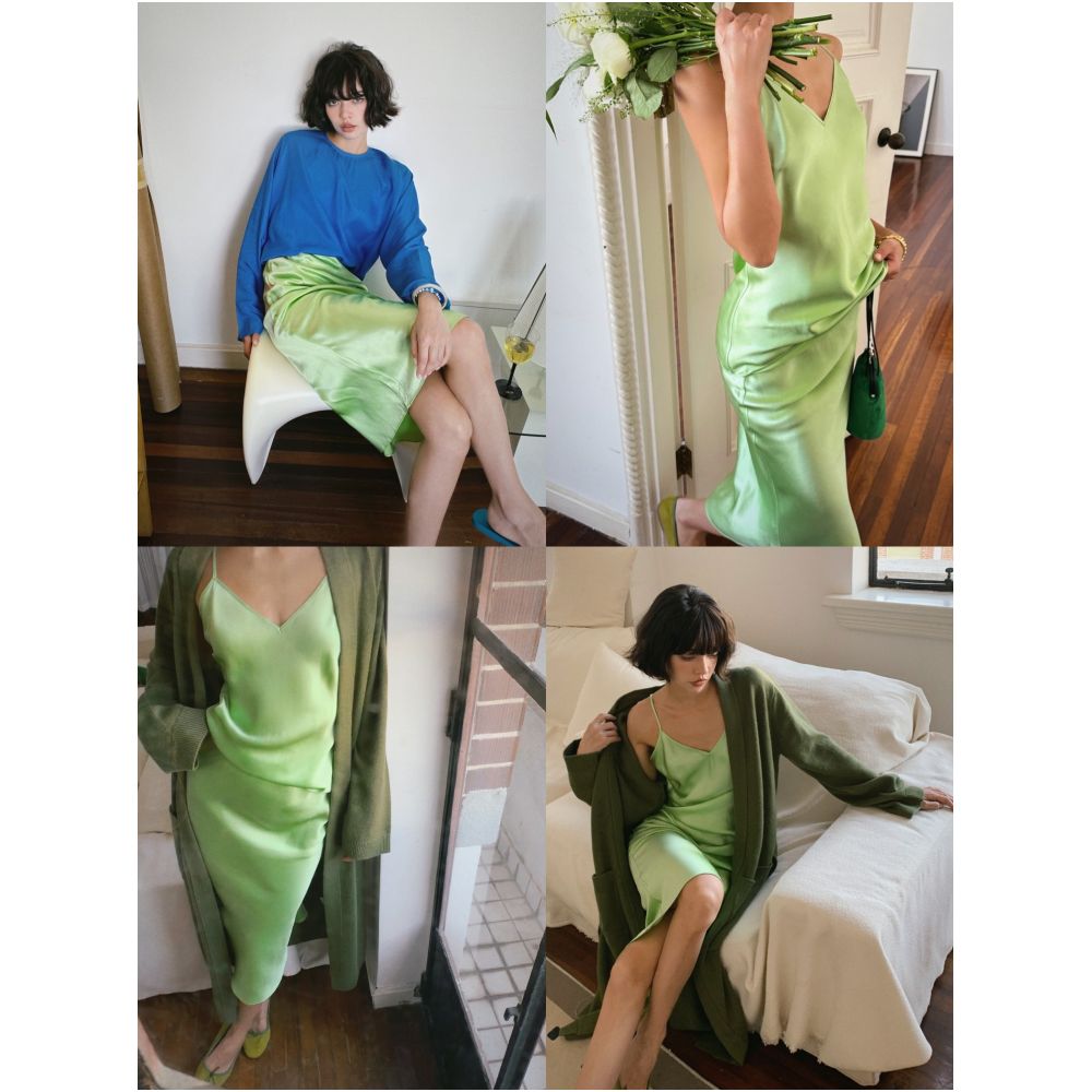 Bettychow Lemon Green Elastic Silk Strap Top High Waist Slimming and Smooth Fishtail A line Skirt image 1