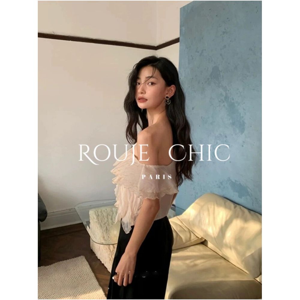 Rouje Chic French style off shoulder ruffled blouse for women a gentle and sophisticated short top perfect for summer image 2