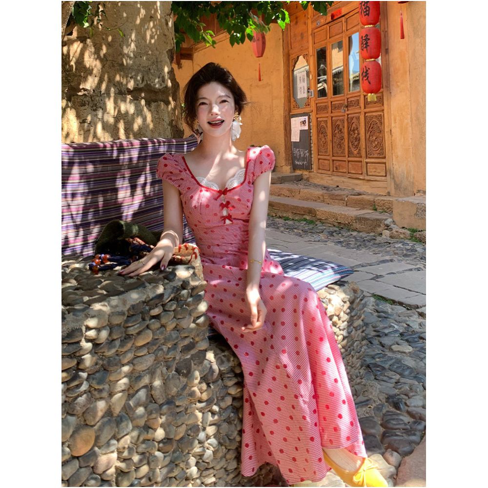 Rosselora original design Red polka dot dress with sweet lace trim and high waisted bow maxi skirt image 2