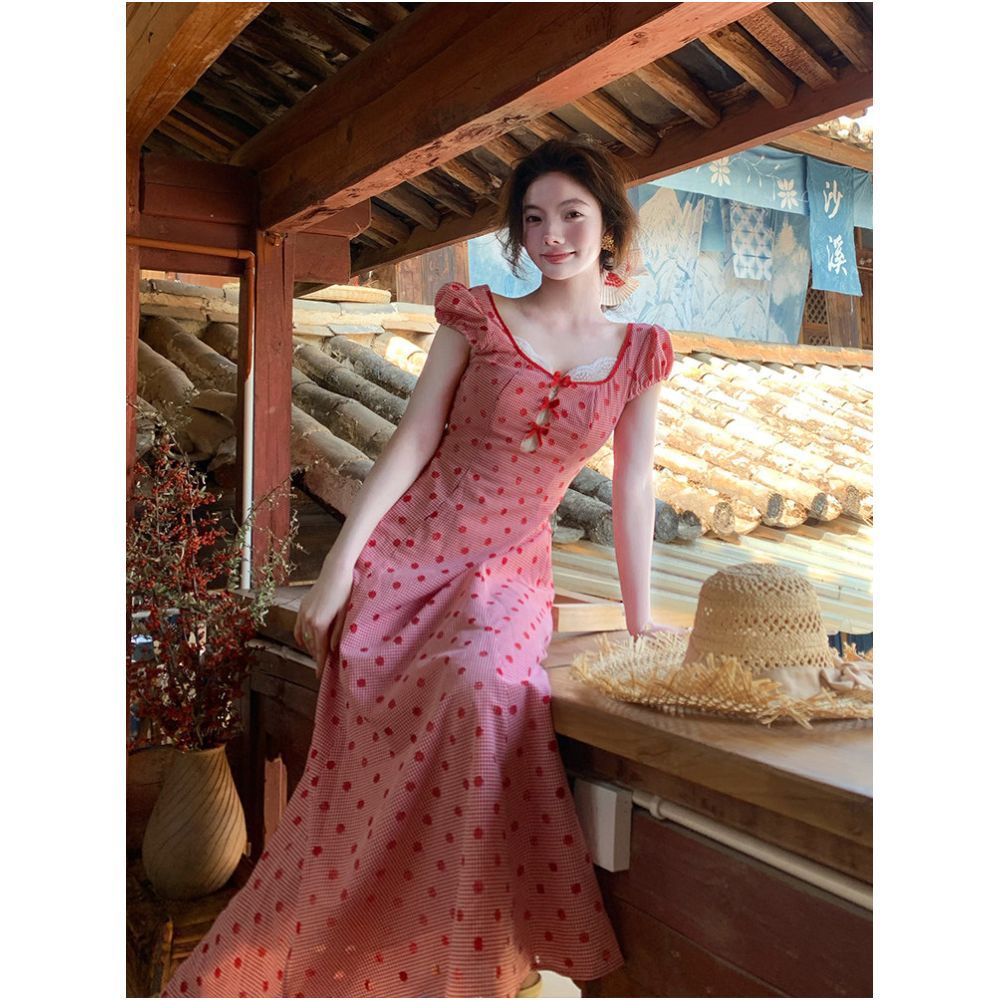 Rosselora original design Red polka dot dress with sweet lace trim and high waisted bow maxi skirt image 3