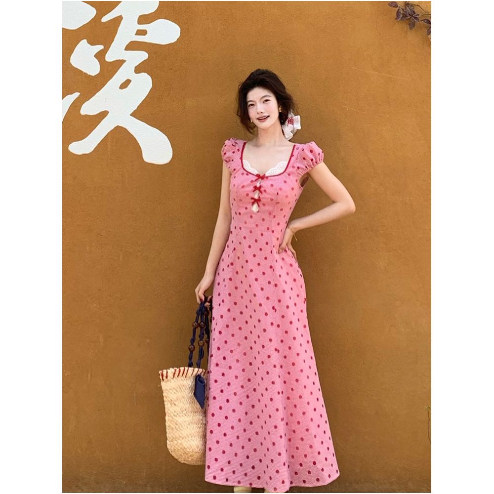 Rosselora original design Red polka dot dress with sweet lace trim and high waisted bow maxi skirt image 4