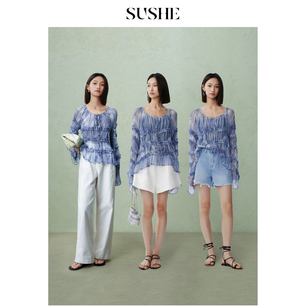 Shuxi SUSHE Qilan French Elegant Double Color Weaving Printed Mushroom Edge Horn Sleeve Clear Chiffon Shirt for Women Summer image 4