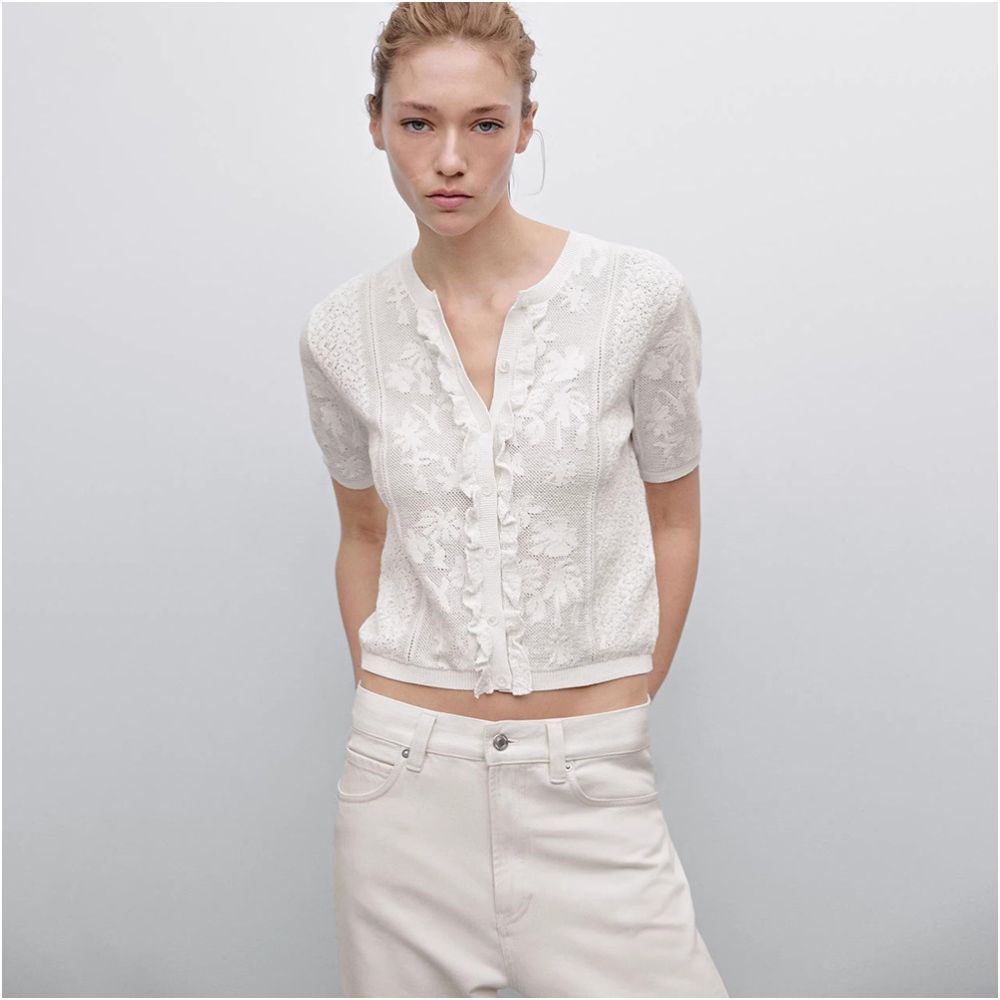 MD women s French romantic white exquisite lace round neck short sleeved knitted cardigan for women 05716677712 image 1