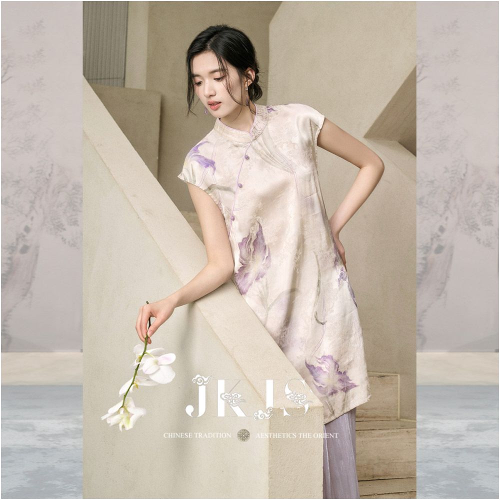 JKJS Fudai Shadow Silk Dress for Women Summer 2026 New Chinese Style Improved Cheongsam Split Short Skirt image 2