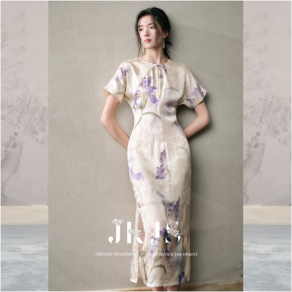 JKJS Fufeng Dance Silk Iris Flower Dress Long Skirt Waist Folding Skirt Retro Chinese Style Improved Cheongsam image 1