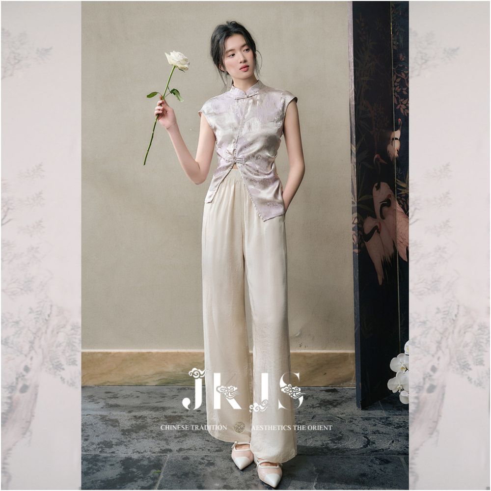 JKJS Flower Trade Style Silk Interwoven Jacquard Buckle Short sleeved T shirt for Women 2026 New Chinese Style Top image 5