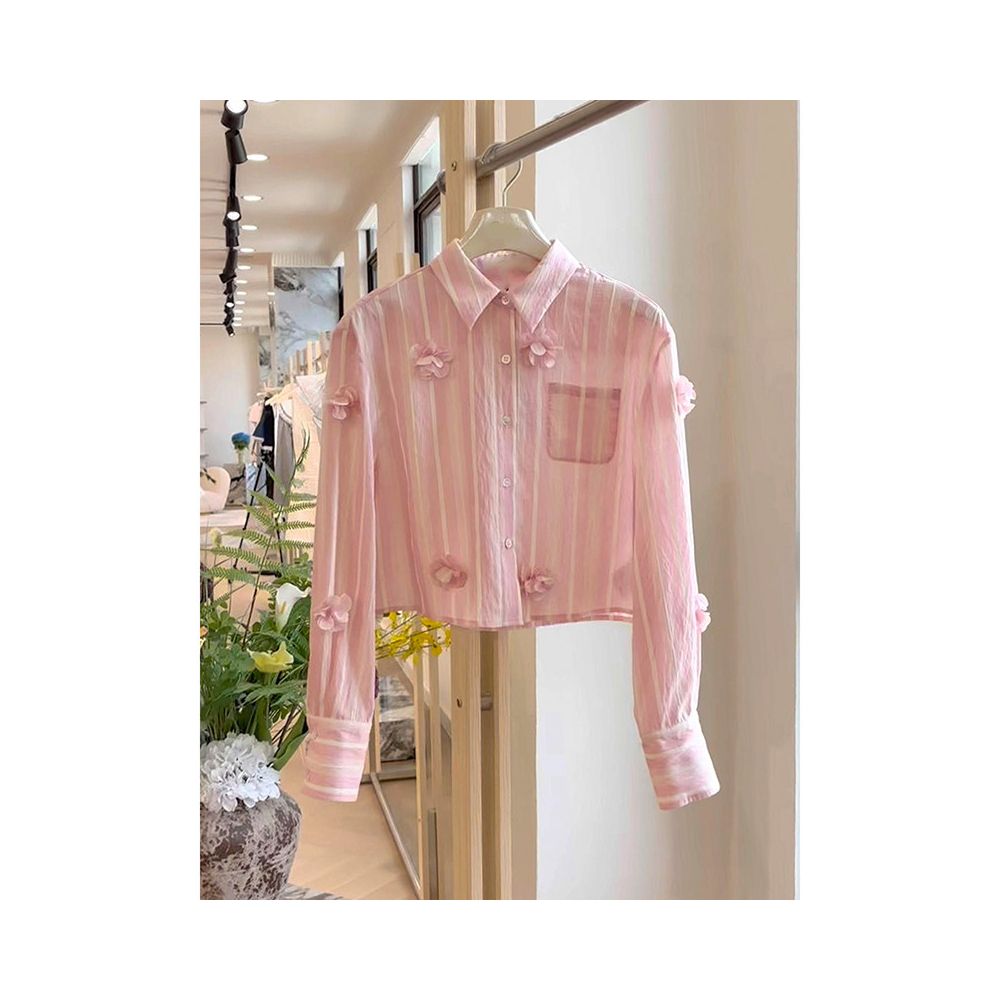Same style pink three dimensional flower striped shirt for women s autumn high end petite bourgeoisie small top long sleeved shirt in the mall image 1