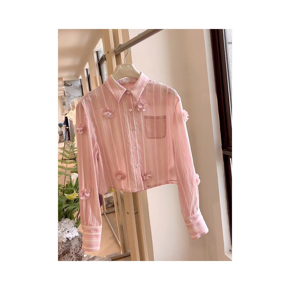 Same style pink three dimensional flower striped shirt for women s autumn high end petite bourgeoisie small top long sleeved shirt in the mall image 2