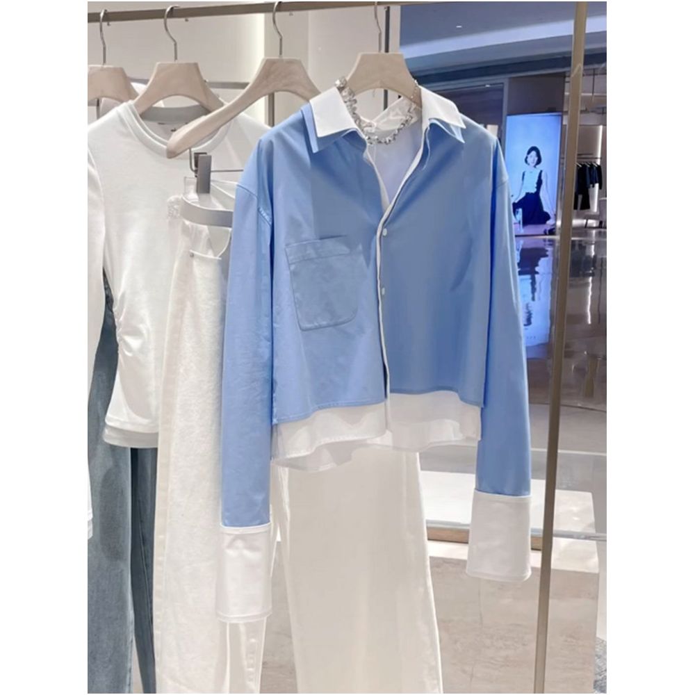 In Stock Unique and Distinctive Blue Chanel Style Collared Faux Two Piece Shirt for Women Spring 2026 image 0