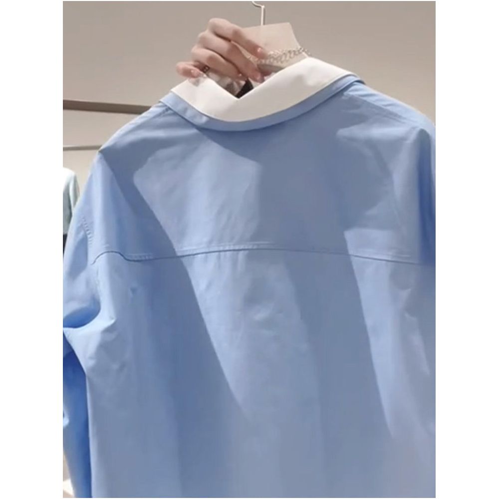 In Stock Unique and Distinctive Blue Chanel Style Collared Faux Two Piece Shirt for Women Spring 2026 image 2