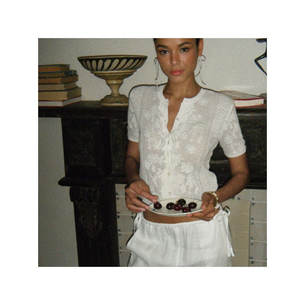 Bettychow cotton and linen embroidered white short sleeved cardigan French fashionable small V neck exquisite slimming needle cardigan image 0