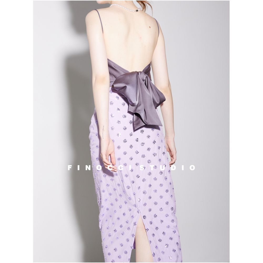 ASAYA6385 – Lavender Sequin Ribbon Dress 💜✨