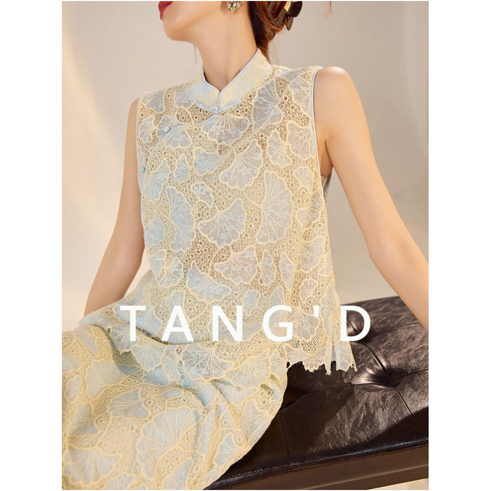Tangdou Haute Couture Qingya Collection Summer Chinese Style Suit Women s Embroidered Slanted Blank Lace Vest and Skirt Two Piece Set image 0