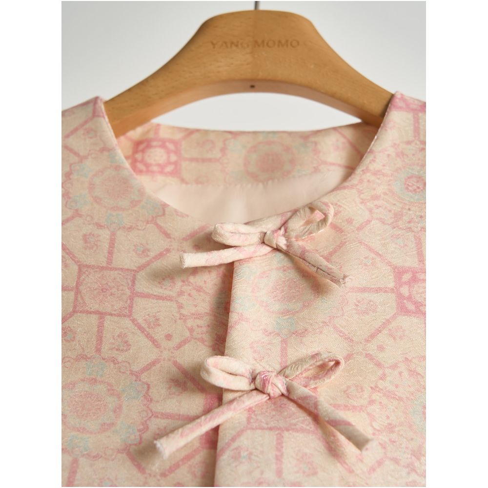 New Chinese style sweet and improved pink jacquard bow flower sleeveless vest and skirt suit for women new summer style image 3