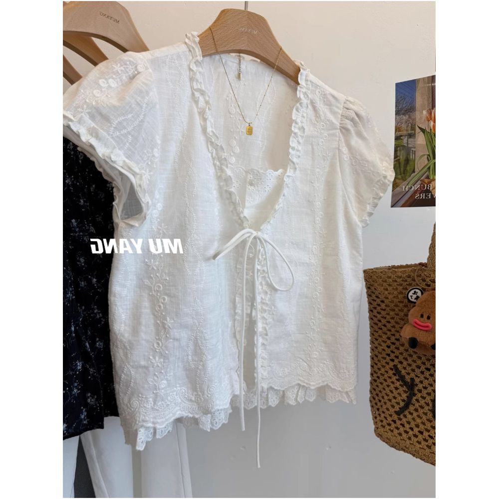 French style V neck tie up faux two piece short sleeved shirt for women summer loose casual embroidered ruffle trim petite top image 1
