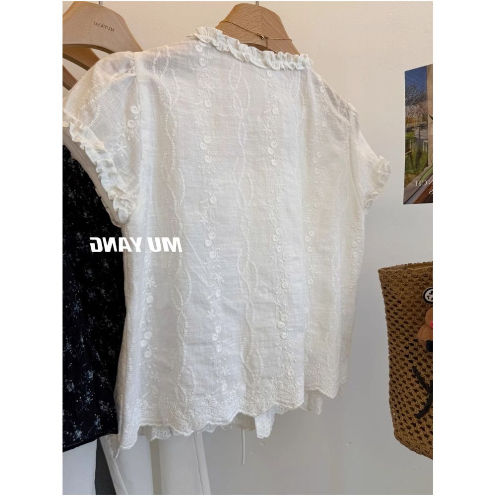 French style V neck tie up faux two piece short sleeved shirt for women summer loose casual embroidered ruffle trim petite top image 4