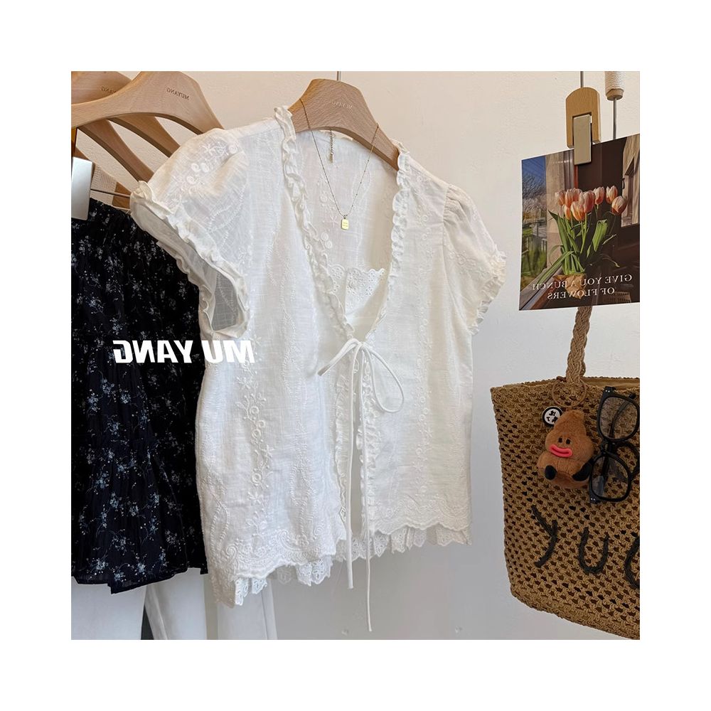 French style V neck tie up faux two piece short sleeved shirt for women summer loose casual embroidered ruffle trim petite top image 0