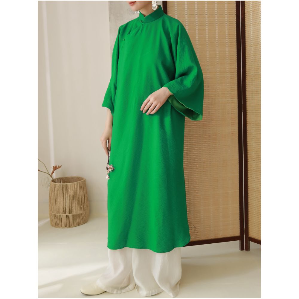 TAORAN Women s Stand Collar Three Quarter Sleeve Long Cheongsam Dress with Chinese Style Zen Tea Design Green Reversible Dress image 2