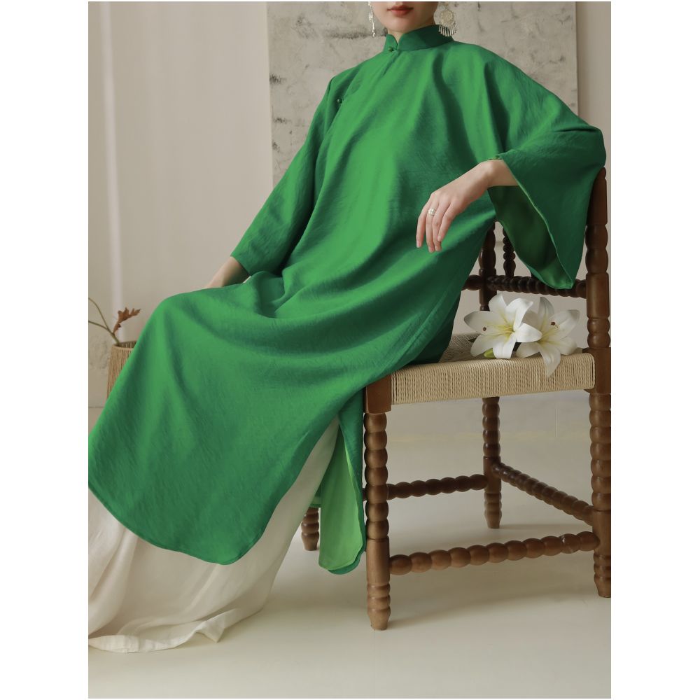 TAORAN Women s Stand Collar Three Quarter Sleeve Long Cheongsam Dress with Chinese Style Zen Tea Design Green Reversible Dress image 3