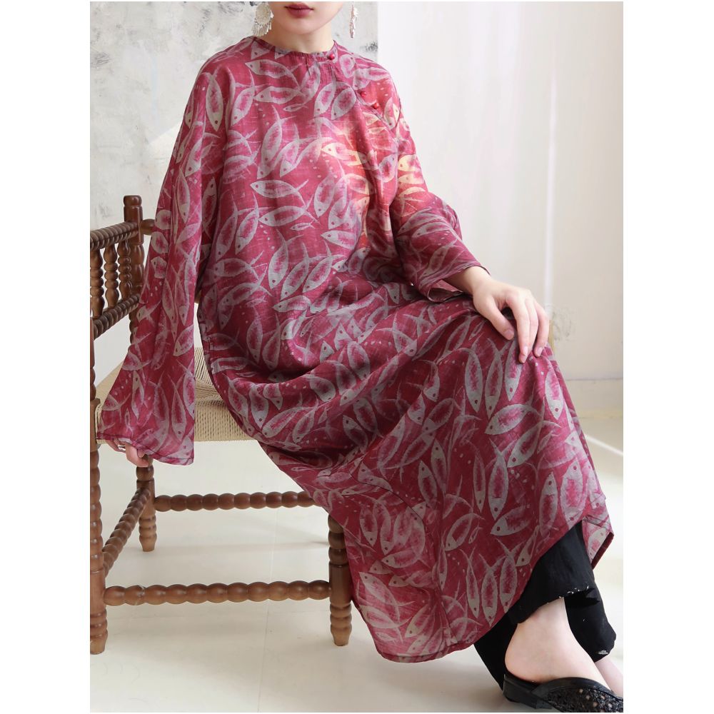 TAORAN Women s Chinese Style Modified Cheongsam Traditional Printed Dress Retro Literary Style Zen Robe Tea Set image 3