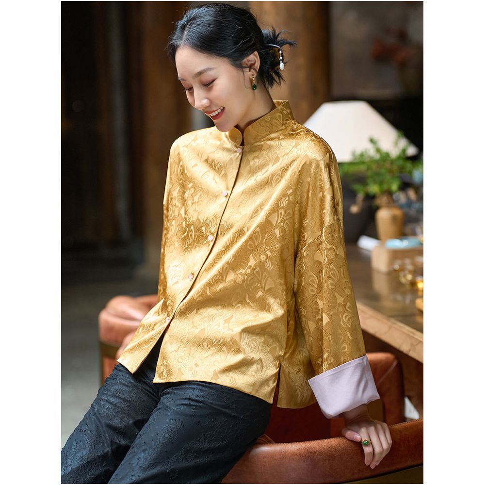 New Year Women s Silk Elastic Jacquard Retro Chinese Tang Suit Women s Improved Chinese Style Front Opening Stand Collar Top image 4