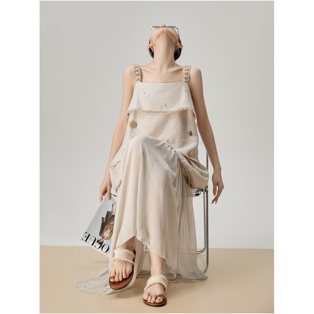Super cute beige linen beaded sleeveless slip dress two piece set for women a super popular summer outfit for 2026 image 3