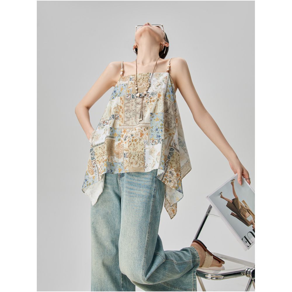 Super cute bohemian vacation style patchwork print camisole for women perfect for summer wear high end sleeveless top image 1
