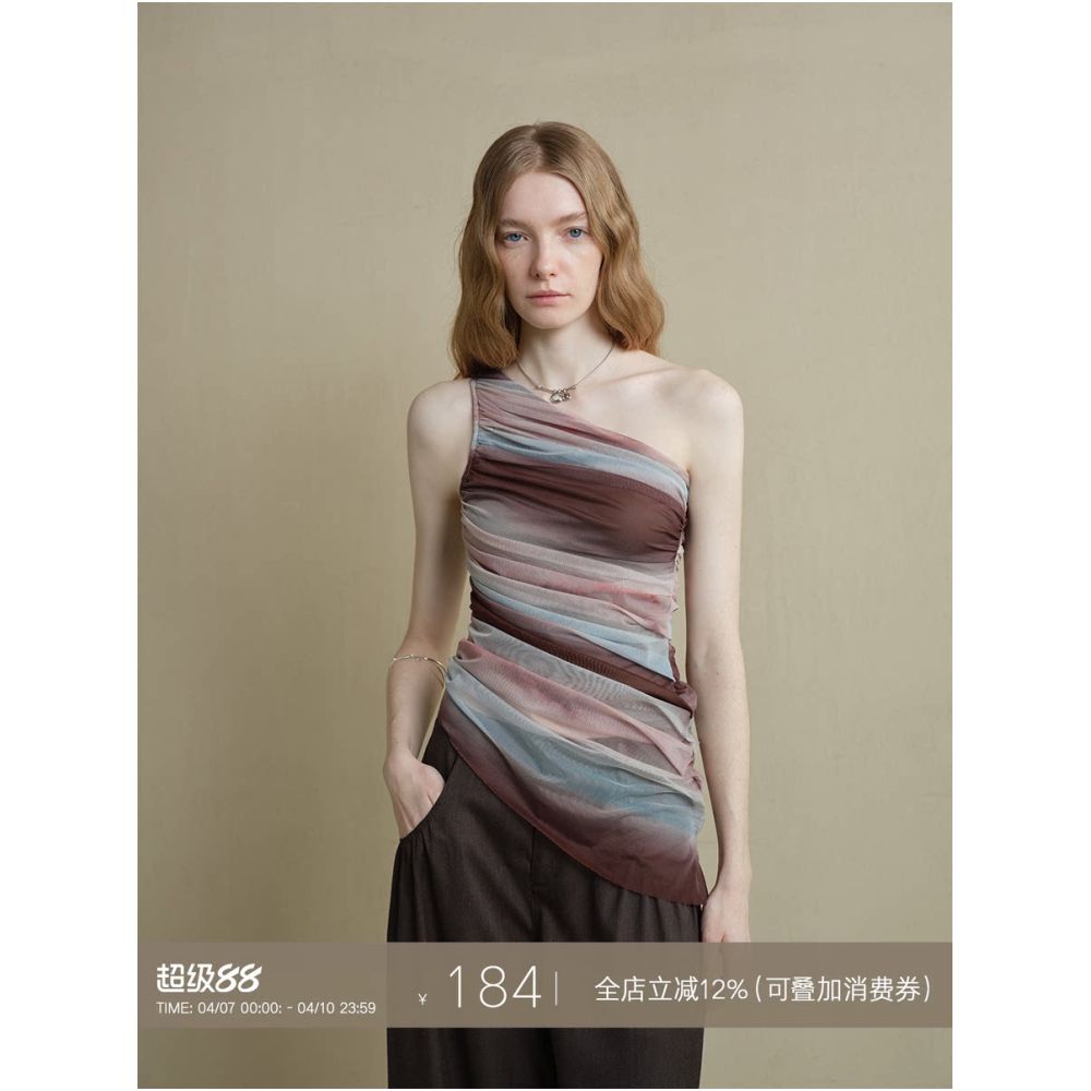 Someone sometimes creates original art dyed mesh breathable skin friendly off shoulder one shoulder short sleeved top for women image 1