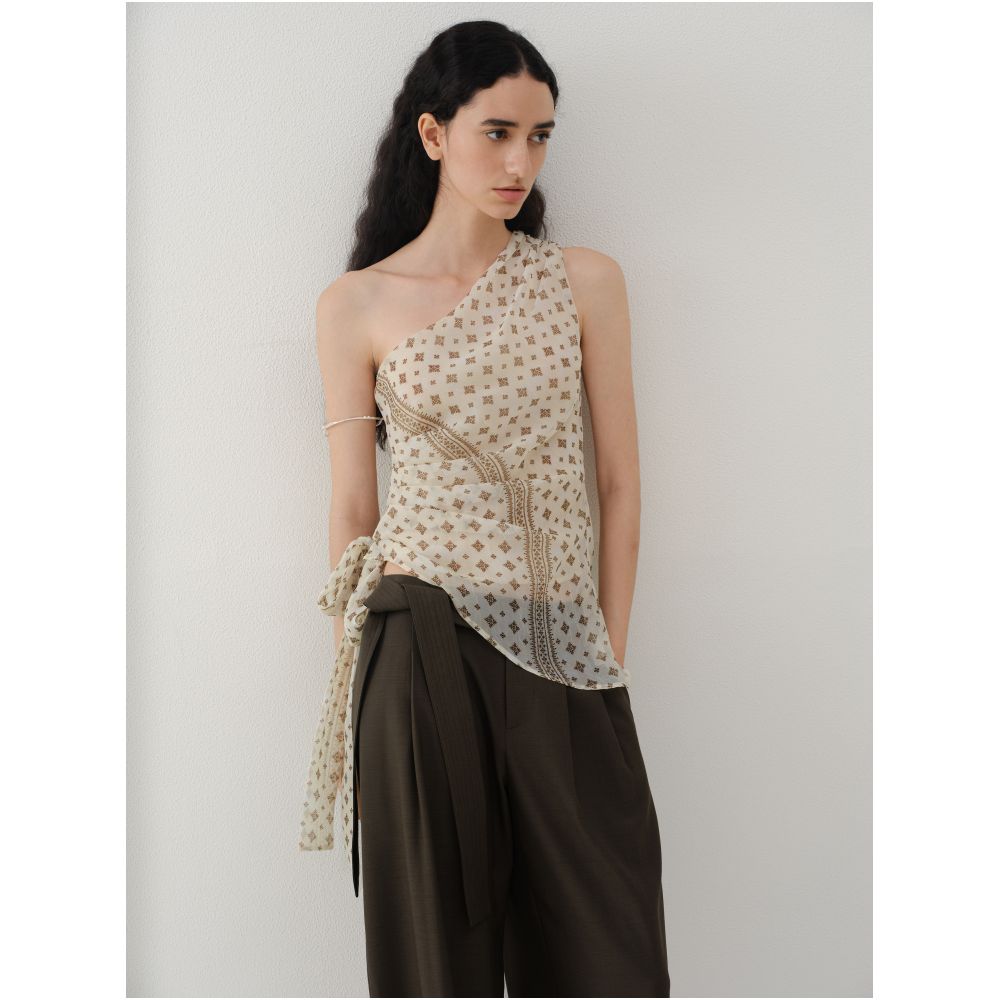 Someone sometimes wears a retro print fitted waist with a tie ruffled floral chiffon asymmetrical off shoulder top image 2