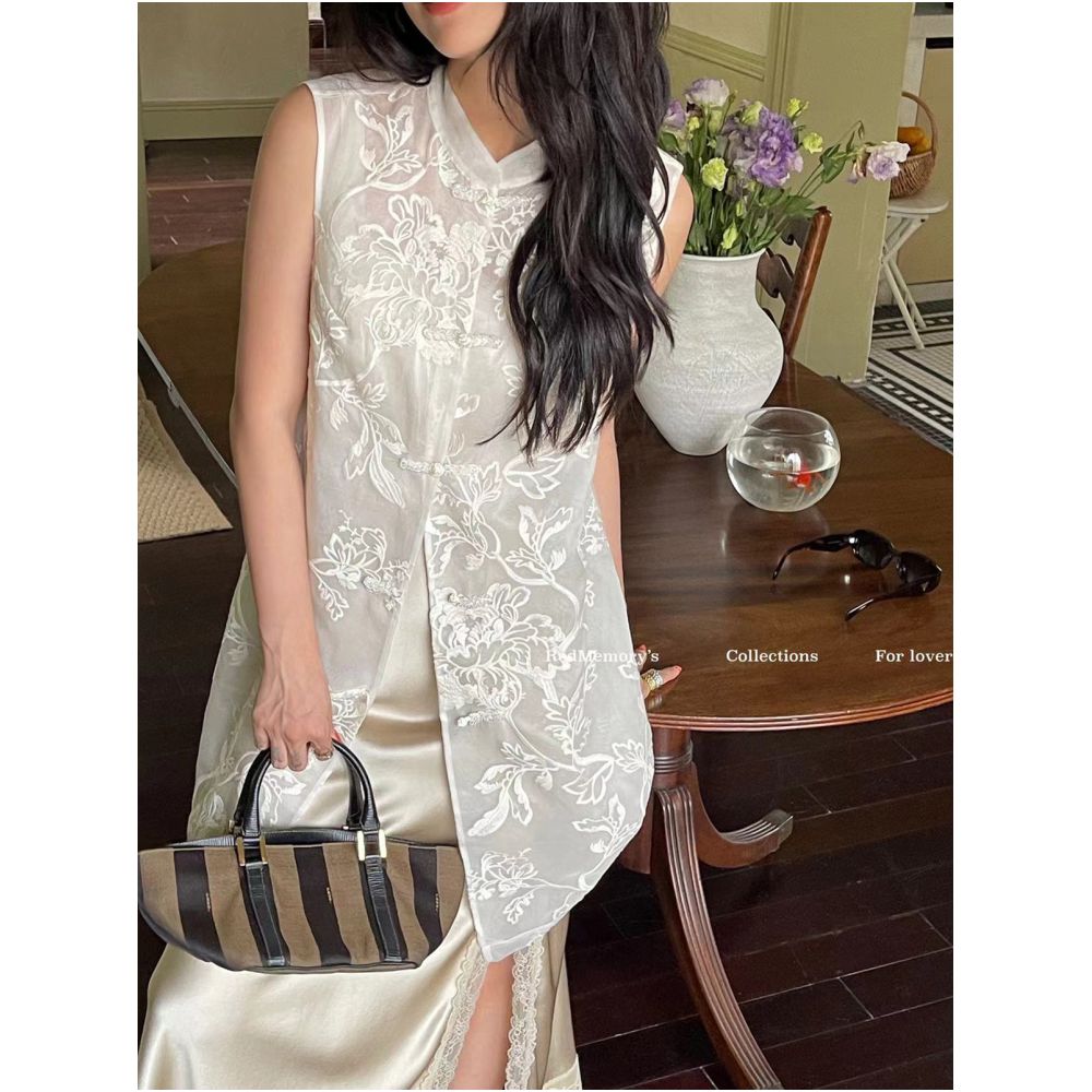 Stylish New Store REDMEMORY Handmade Workshop Heavy duty Oriental Embroidery Silk Organza Long New Chinese Style Vest image 0
