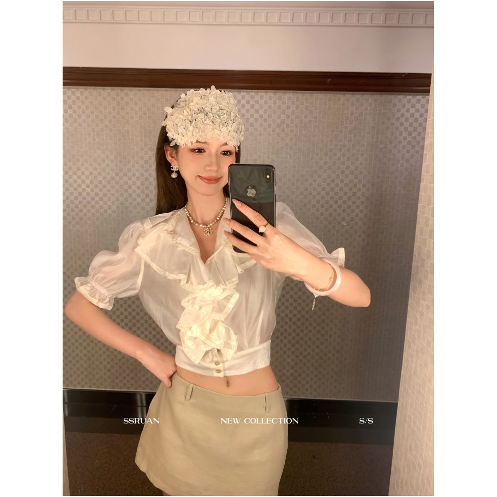 Sam Seoi Da Fan s heavy duty design chiffon blouse with ruffled lace trim and V neck a stylish summer top for women image 0