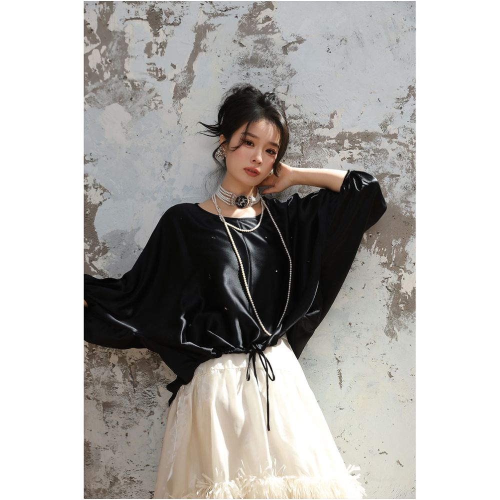 Fragrant Concubine 2 0 Elegant Women s Top 19 momme Silk Stretch Satin Beaded Batwing Sleeve Blouse image 4