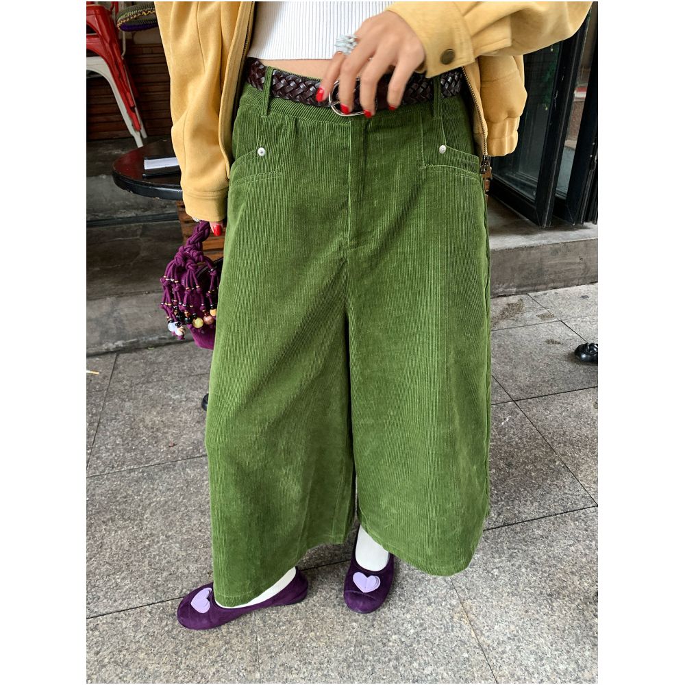 Jinyuhua Pants 2025 New Style Popular Green Corduroy Wide Leg Pants Cropped Pants Autumn Winter image 1