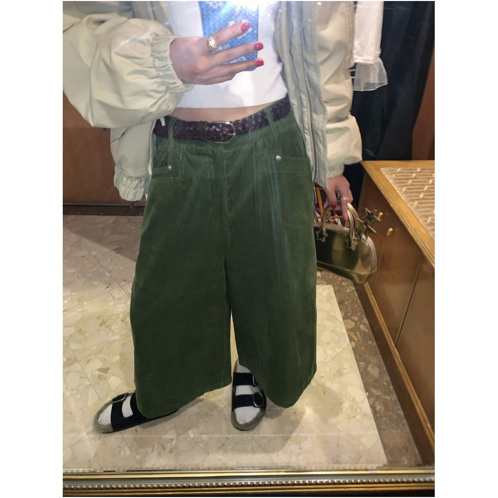 Jinyuhua Pants 2025 New Style Popular Green Corduroy Wide Leg Pants Cropped Pants Autumn Winter image 4