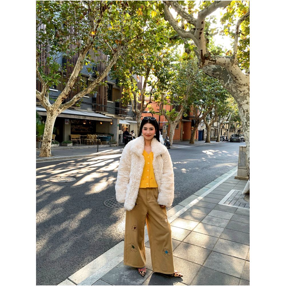 Jinyuhua Women s Jeans 2025 New Winter Khaki Pants Petite Wide Leg Pants Embroidered Fleece Lined High Waist image 2