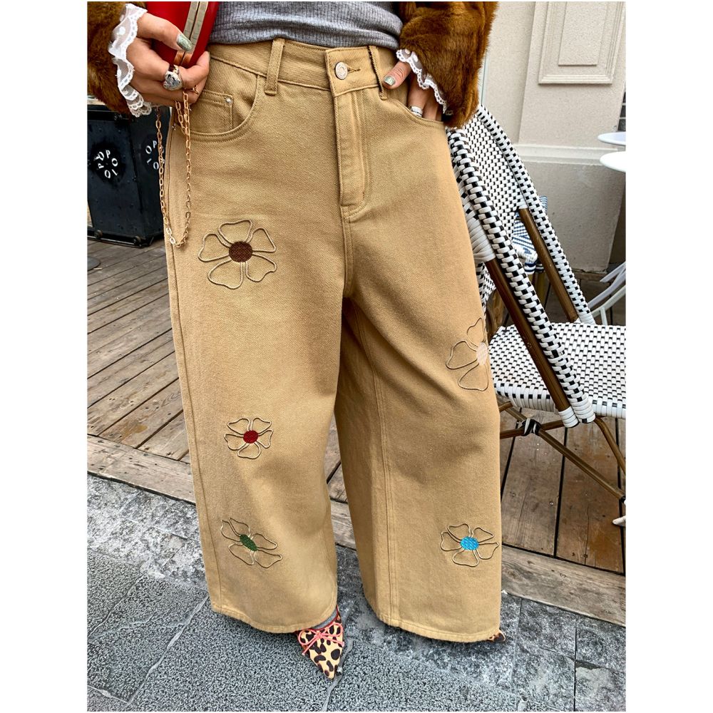 Jinyuhua Women s Jeans 2025 New Winter Khaki Pants Petite Wide Leg Pants Embroidered Fleece Lined High Waist image 0