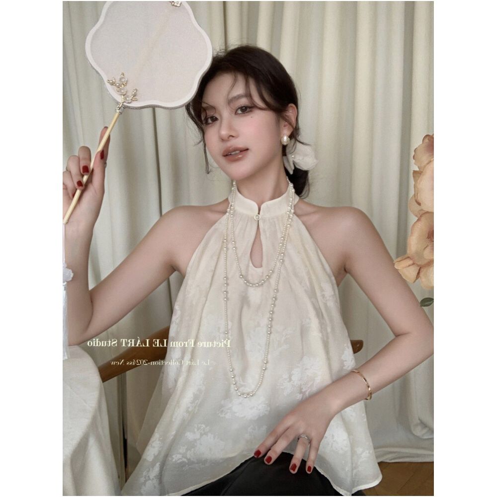 New Chinese style stand up collar jacquard halter neck camisole for women summer design loose fit petite and elegant sleeveless top image 1
