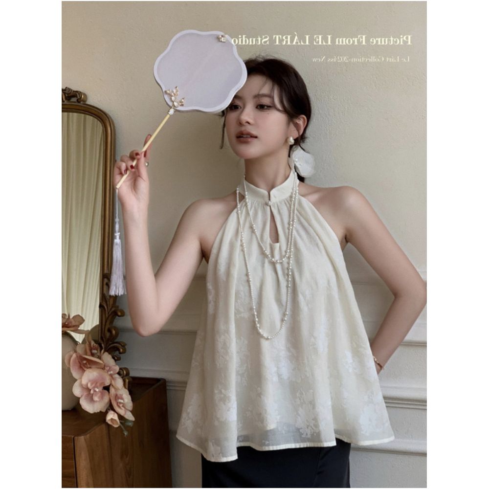 New Chinese style stand up collar jacquard halter neck camisole for women summer design loose fit petite and elegant sleeveless top image 5