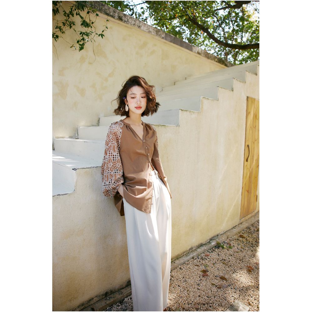 Rosebanks fabric unique and chic 25 French blogger vacation style brown embroidered patchwork lantern sleeve shirt image 2