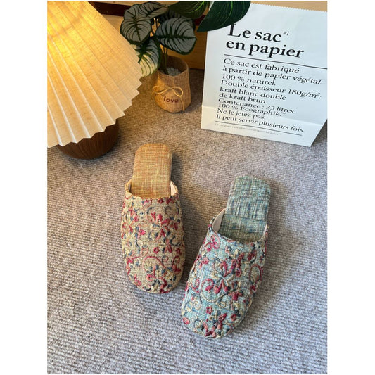 Slippers casual wear for home or outdoor use square toe linen jacquard high end non slip flat breathable unisex embroidered traditional Chinese style image 0