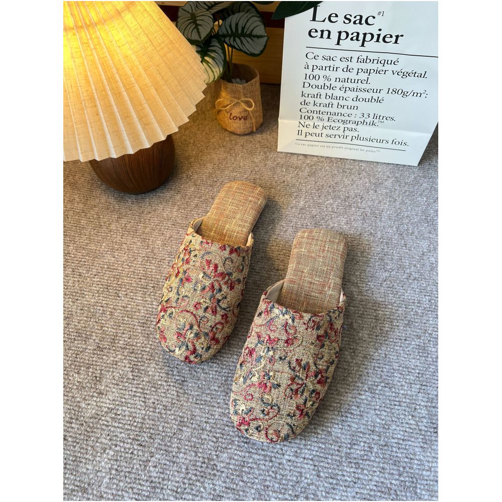 Slippers casual wear for home or outdoor use square toe linen jacquard high end non slip flat breathable unisex embroidered traditional Chinese style image 1