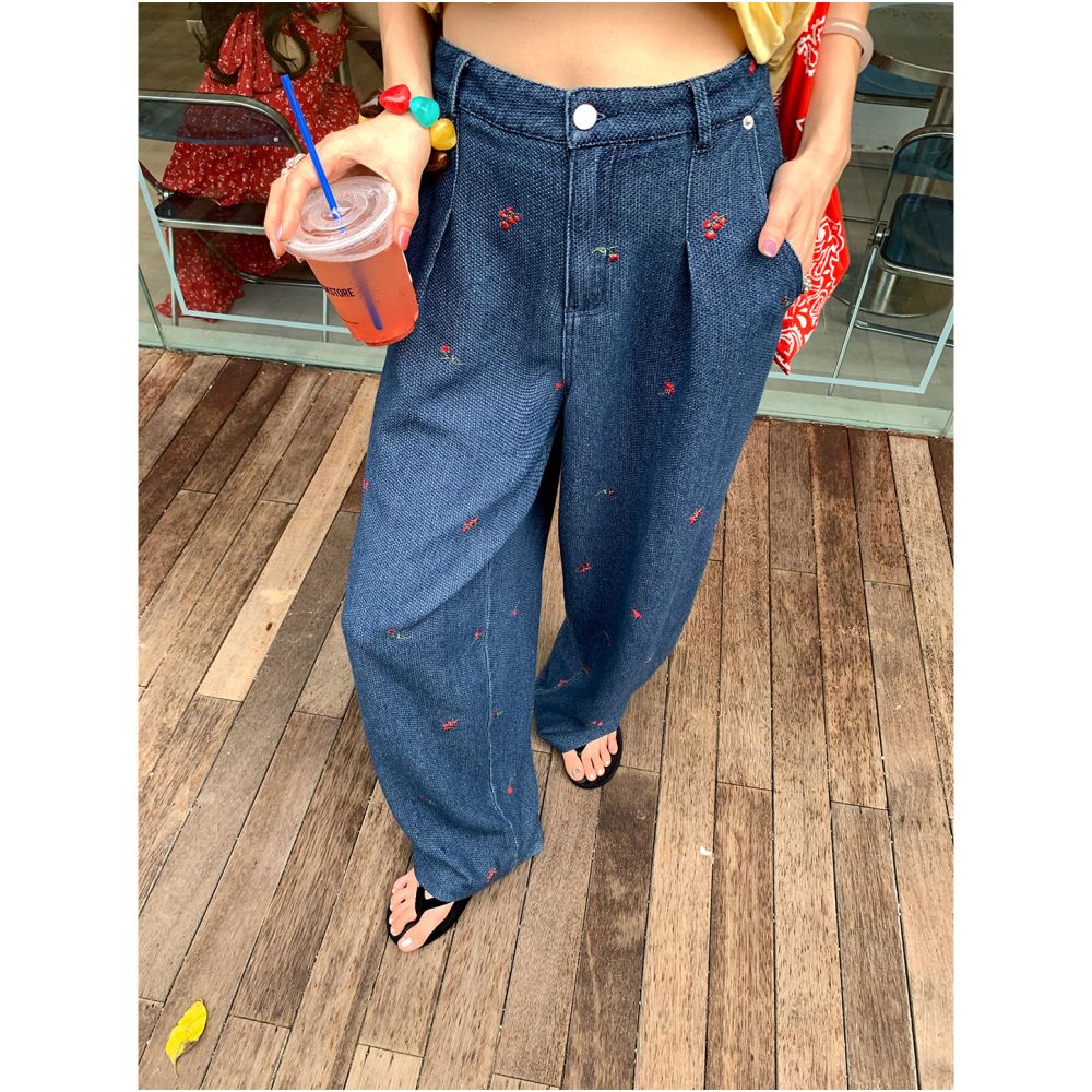 Jinyuhua wide leg jeans loose fit 2025 new early autumn embroidered wide leg pants petite high waisted women s style image 0