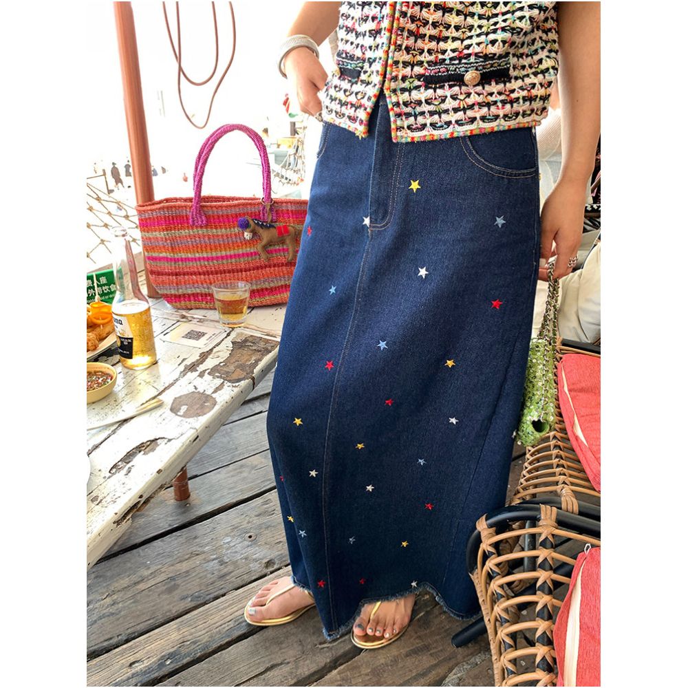 Jinyu Flower Long Midi Skirt 2026 New Early Spring Style Embroidered Denim Midi Skirt with Frayed Edges Stylish Design image 1